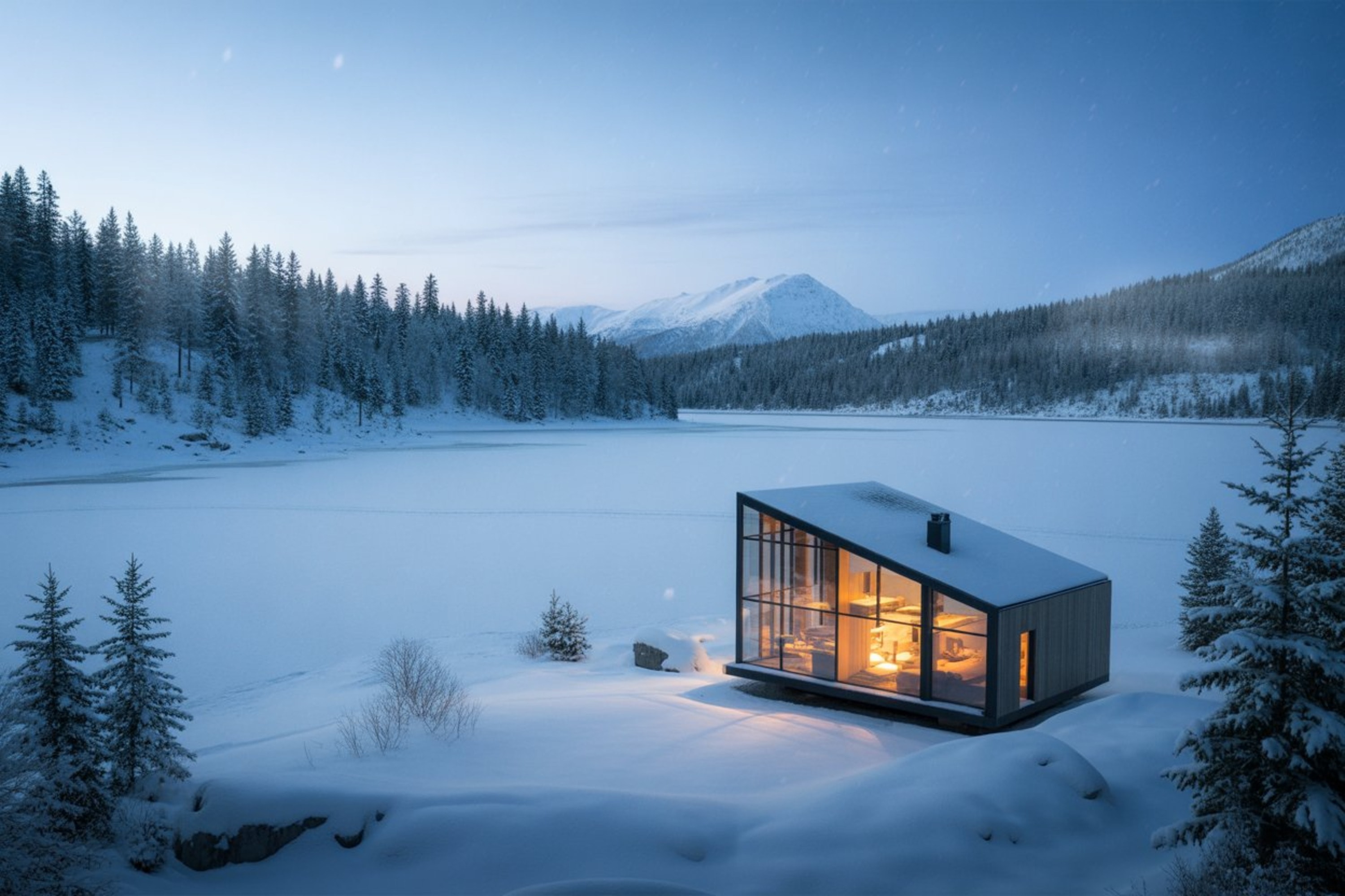 Luxury chalet with snowy mountains, trees, and a frozen lake